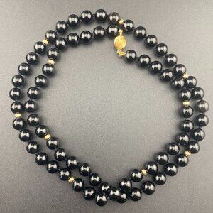 Vtg Black Onyx 8.3 mm Bead Strand Necklace 27" 14k Yellow Gold - 55.57 Grams